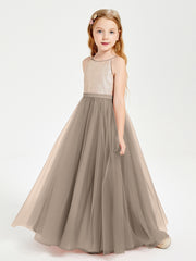 Sequined Top Long Tulle Junior Bridesmaid Gown Taupe