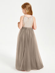 Sequined Top Long Tulle Junior Bridesmaid Gown Taupe