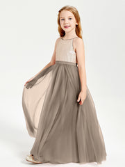 Sequined Top Long Tulle Junior Bridesmaid Gown Taupe