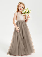 Sequined Top Long Tulle Junior Bridesmaid Gown Taupe