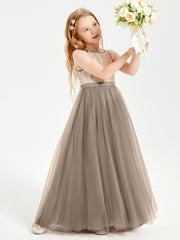 Sequined Top Long Tulle Junior Bridesmaid Gown Taupe