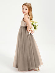 Sequined Top Long Tulle Junior Bridesmaid Gown Taupe