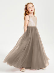 Sequined Top Long Tulle Junior Bridesmaid Gown Taupe