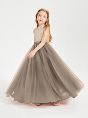 Sequined Top Long Tulle Junior Bridesmaid Gown Taupe