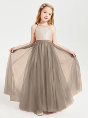 Sequined Top Long Tulle Junior Bridesmaid Gown Taupe