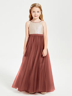 Sequined Top Long Tulle Junior Bridesmaid Gown Terracotta