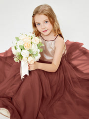 Sequined Top Long Tulle Junior Bridesmaid Gown Terracotta