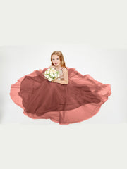 Sequined Top Long Tulle Junior Bridesmaid Gown Terracotta