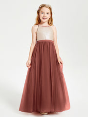 Sequined Top Long Tulle Junior Bridesmaid Gown Terracotta