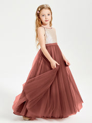 Sequined Top Long Tulle Junior Bridesmaid Gown Terracotta