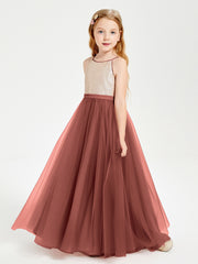Sequined Top Long Tulle Junior Bridesmaid Gown Terracotta