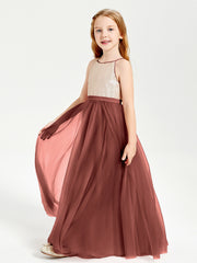 Sequined Top Long Tulle Junior Bridesmaid Gown Terracotta