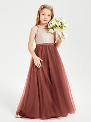 Sequined Top Long Tulle Junior Bridesmaid Gown Terracotta
