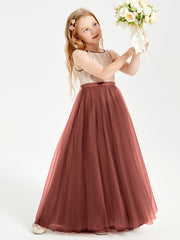 Sequined Top Long Tulle Junior Bridesmaid Gown Terracotta