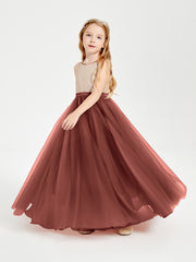 Sequined Top Long Tulle Junior Bridesmaid Gown Terracotta