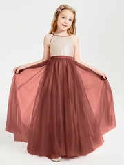 Sequined Top Long Tulle Junior Bridesmaid Gown Terracotta