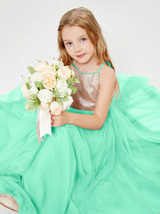 Sequined Top Long Tulle Junior Bridesmaid Gown Turquoise