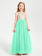 Sequined Top Long Tulle Junior Bridesmaid Gown Turquoise