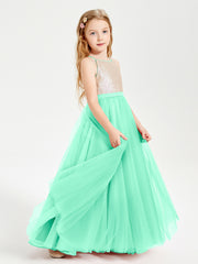 Sequined Top Long Tulle Junior Bridesmaid Gown Turquoise