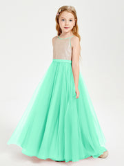 Sequined Top Long Tulle Junior Bridesmaid Gown Turquoise