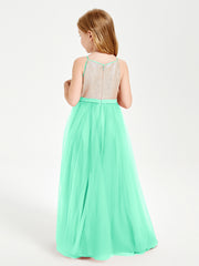 Sequined Top Long Tulle Junior Bridesmaid Gown Turquoise
