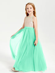 Sequined Top Long Tulle Junior Bridesmaid Gown Turquoise