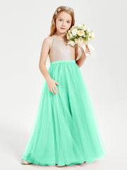 Sequined Top Long Tulle Junior Bridesmaid Gown Turquoise