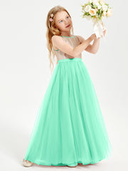 Sequined Top Long Tulle Junior Bridesmaid Gown Turquoise