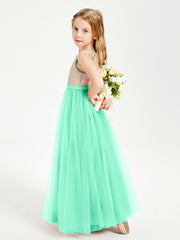 Sequined Top Long Tulle Junior Bridesmaid Gown Turquoise