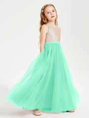 Sequined Top Long Tulle Junior Bridesmaid Gown Turquoise