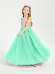 Sequined Top Long Tulle Junior Bridesmaid Gown Turquoise