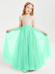 Sequined Top Long Tulle Junior Bridesmaid Gown Turquoise