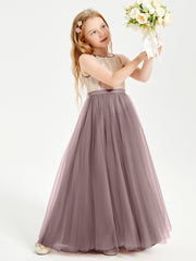 Sequined Top Long Tulle Junior Bridesmaid Gown Vintage Mauve