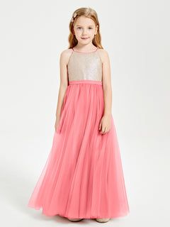 Sequined Top Long Tulle Junior Bridesmaid Gown Watermelon