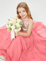 Sequined Top Long Tulle Junior Bridesmaid Gown Watermelon