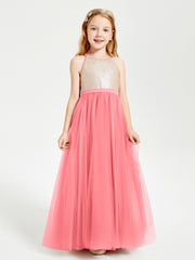 Sequined Top Long Tulle Junior Bridesmaid Gown Watermelon