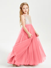 Sequined Top Long Tulle Junior Bridesmaid Gown Watermelon