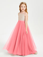 Sequined Top Long Tulle Junior Bridesmaid Gown Watermelon