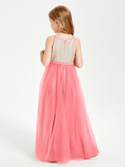 Sequined Top Long Tulle Junior Bridesmaid Gown Watermelon