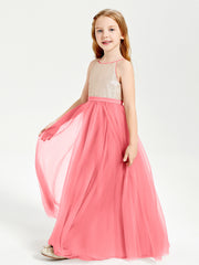 Sequined Top Long Tulle Junior Bridesmaid Gown Watermelon