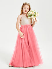 Sequined Top Long Tulle Junior Bridesmaid Gown Watermelon