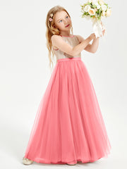 Sequined Top Long Tulle Junior Bridesmaid Gown Watermelon