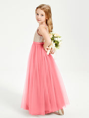 Sequined Top Long Tulle Junior Bridesmaid Gown Watermelon