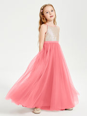 Sequined Top Long Tulle Junior Bridesmaid Gown Watermelon