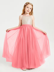 Sequined Top Long Tulle Junior Bridesmaid Gown Watermelon