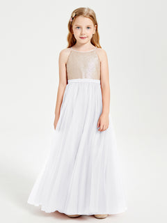 Sequined Top Long Tulle Junior Bridesmaid Gown White