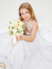 Sequined Top Long Tulle Junior Bridesmaid Gown White