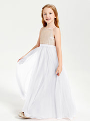 Sequined Top Long Tulle Junior Bridesmaid Gown White