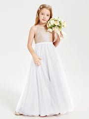 Sequined Top Long Tulle Junior Bridesmaid Gown White