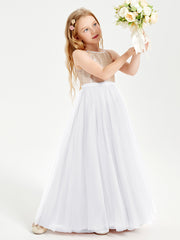 Sequined Top Long Tulle Junior Bridesmaid Gown White